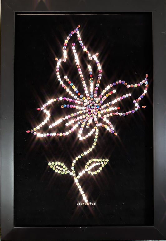 Handmade Sparkling Picture Crafted Entirely from Crystals, Flower, Framed