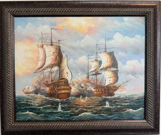 Original Marine Naval Battle Oil Painting Sailing Ships Seascape Framed, Signed
