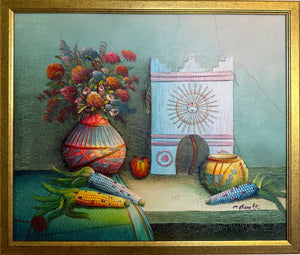 Textured Signed Oil Painting Still Life, Folk Art Pottery Corn Adobe Scene Art