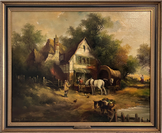 “At The Inn” by Henry T. Harvey – Vintage Oil Painting on Canvas, Framed