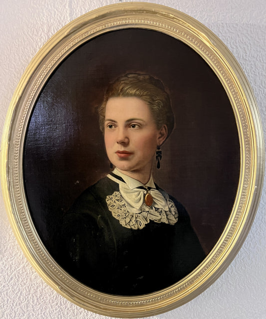 Antique 19th century oil painting on canvas, Female Portrait , Oval Frame