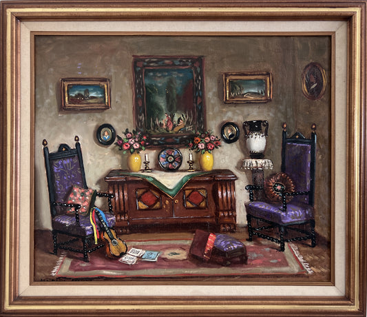 János Czene Apatfalvi ( Hungary, 1904–1984) Oil Painting Interior Scene Framed