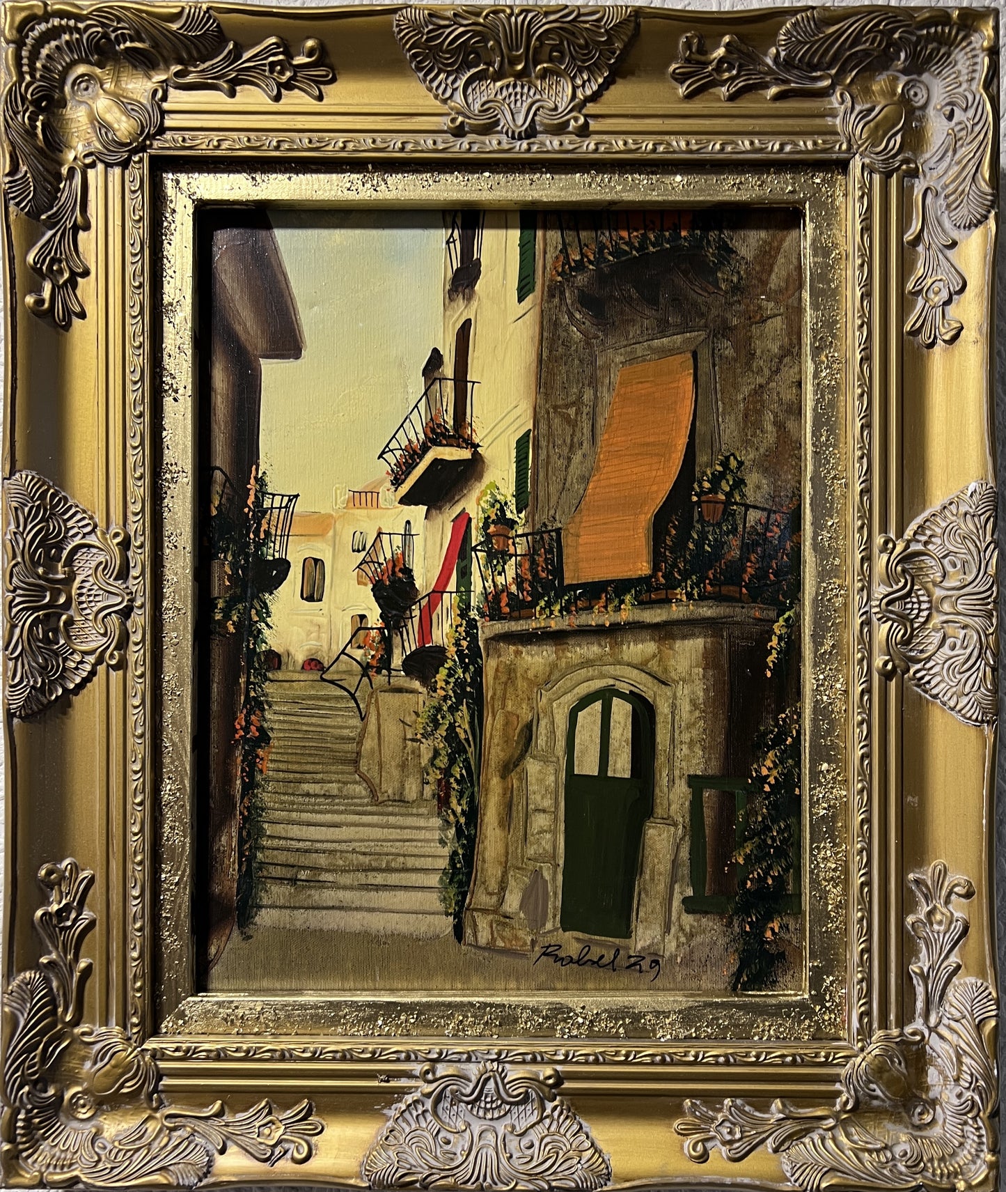 1929 Vintage oil painting on canvas, European cityscape, framed, Signed