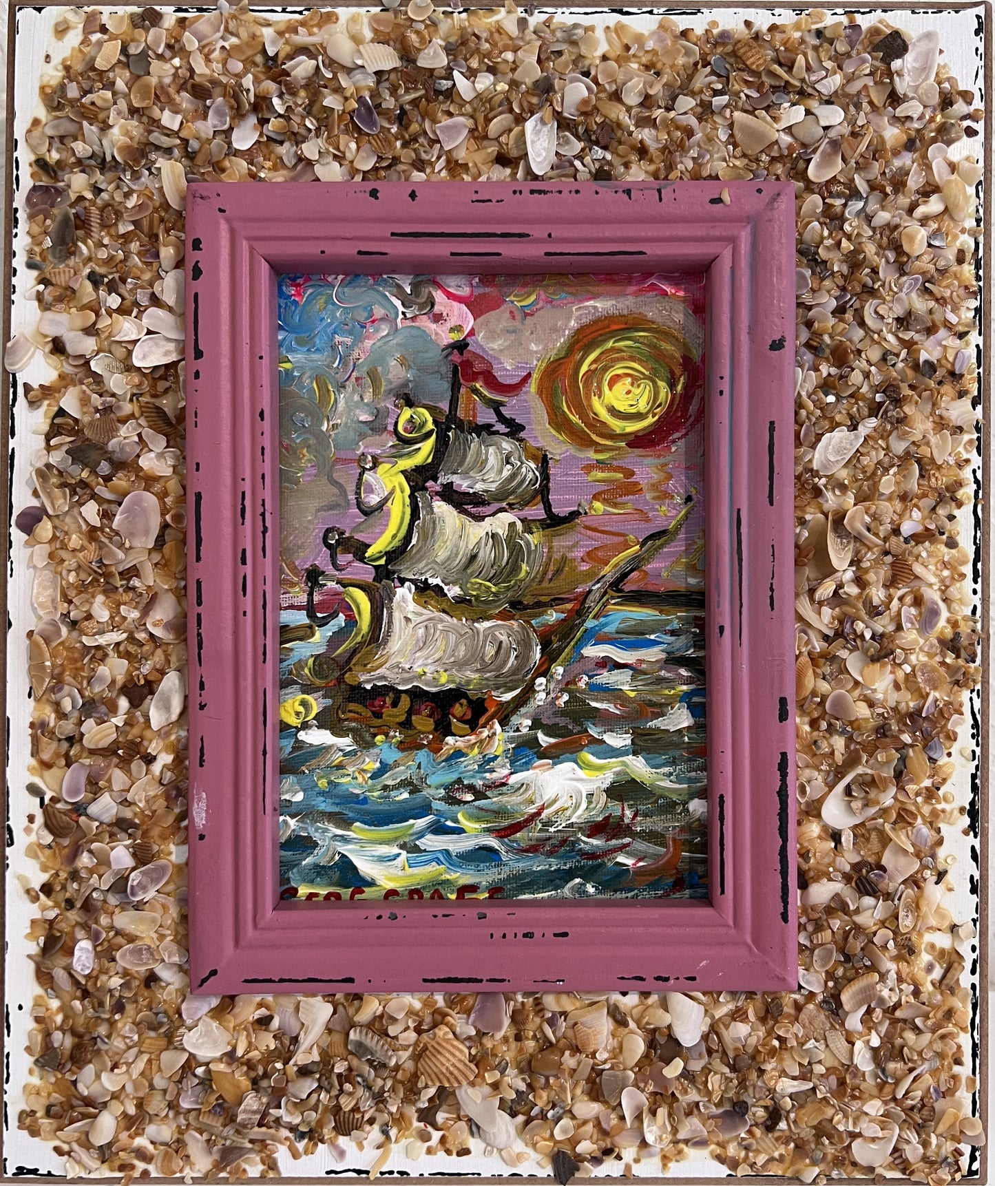 Serg Graff Original "Yelmar" Acrylic Ship Painting | Seashell Frame Coastal Art
