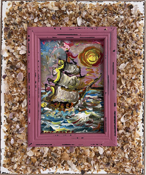 Serg Graff Original "Yelmar" Acrylic Ship Painting | Seashell Frame Coastal Art