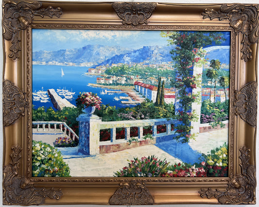 Italian Artist Burett Mediterranean Coastal Landscape painting, Gold Frame