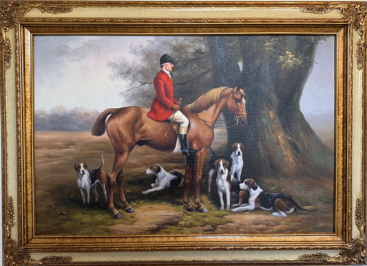English Fox Hunting Scene Oil Painting on Canvas, Horses & Hounds, Signed Framed