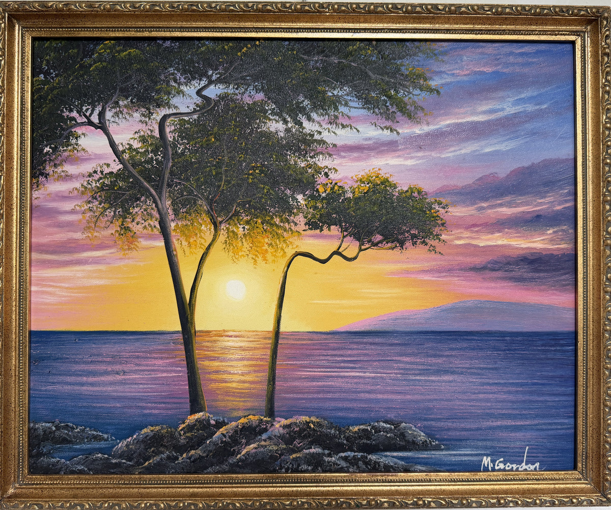 M Gordon Signed Oil Painting Tropical Sunset Seascape Ocean Landscape Framed