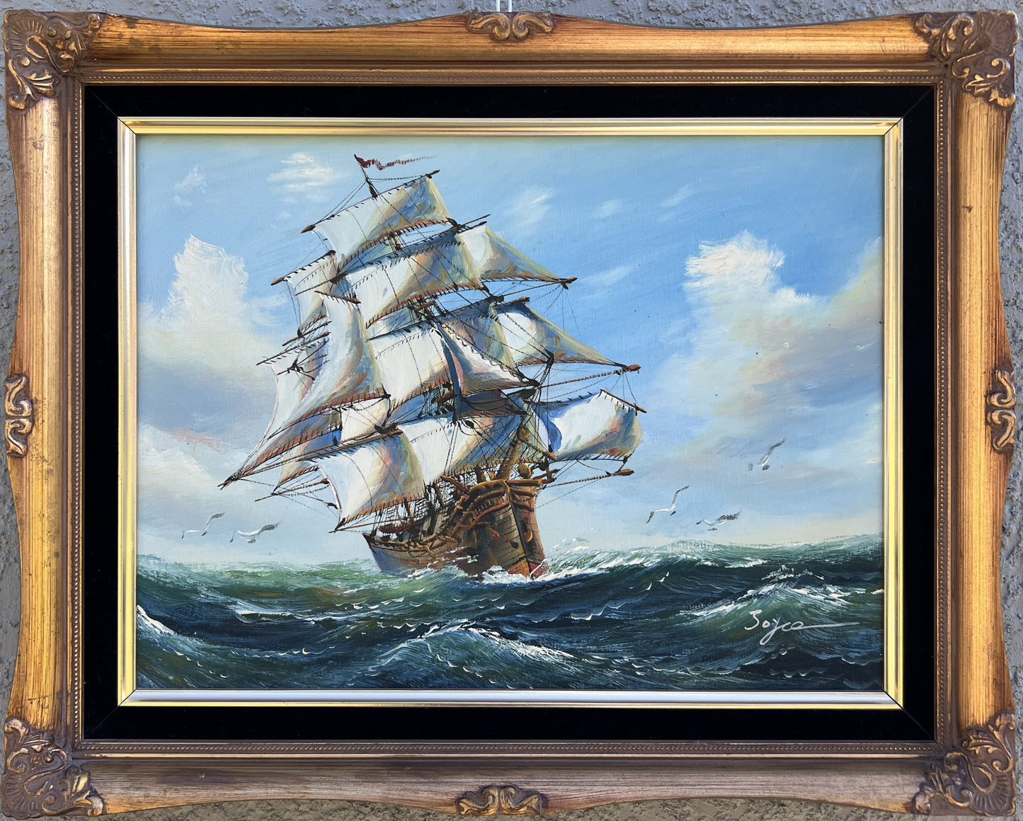 Signed Soyco Original Oil Painting on Canvas Seascape, Sailing Ship, framed