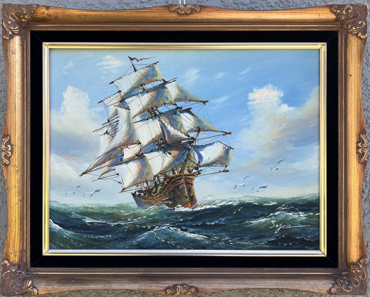 Signed Soyco Original Oil Painting on Canvas Seascape, Sailing Ship, framed