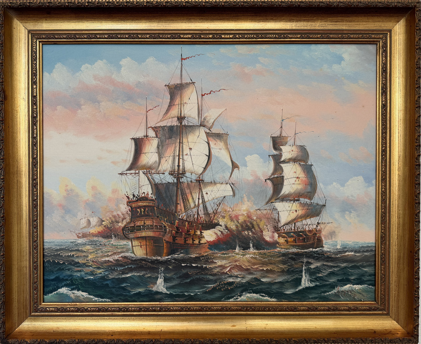 Vintage Oil Painting Naval Battle Ships Seascape Maritime Art Framed Signed