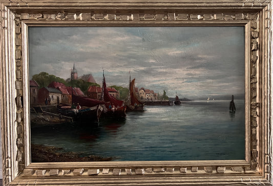 German Artist C. Heimer Antique Original Oil painting on Canvas, Harbor Scene