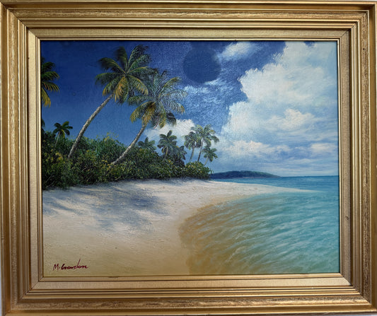 Tropical Beach Oil Painting Signed M Gordon, Palm Tree Seascape, Caribbean Coast