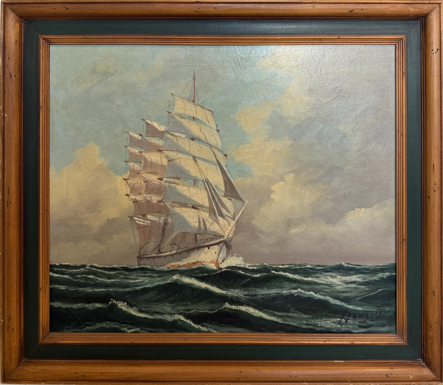 Vintage Tall Ship Oil Painting on Canvas Signed Framed Clipper Marine Seascape
