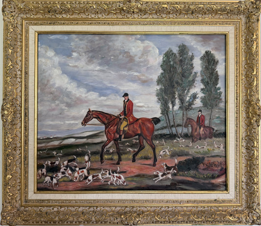 Fox Hunt Oil Painting Equestrian Scene with Horses and Hounds, Landscape