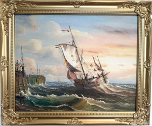 Original Oil Painting Sailing Boat Harbor Storm Seascape Nautical Art Framed