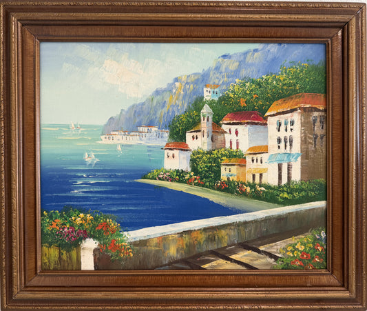 Mediterranean Coastal Village Oil Painting Seascape Landscape, Italian Riviera