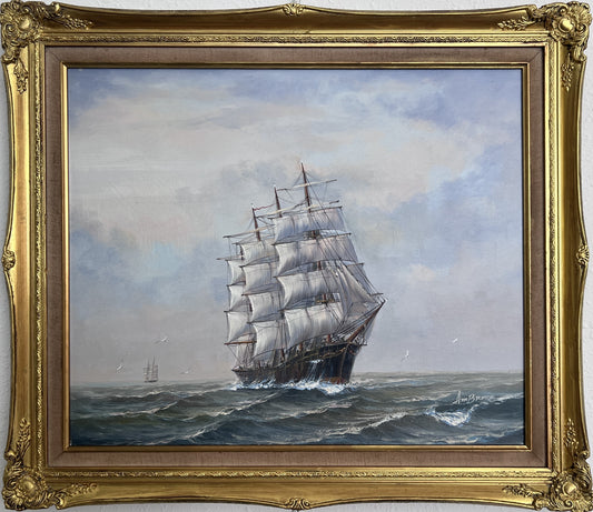 Ambrose Oil painting on canvas, Seascape, Sailing Ship in the ocean, Framed