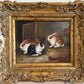Vintage R Mario Oil Painting Three Rabbits Bunnies Farmhouse Art Gold Frame