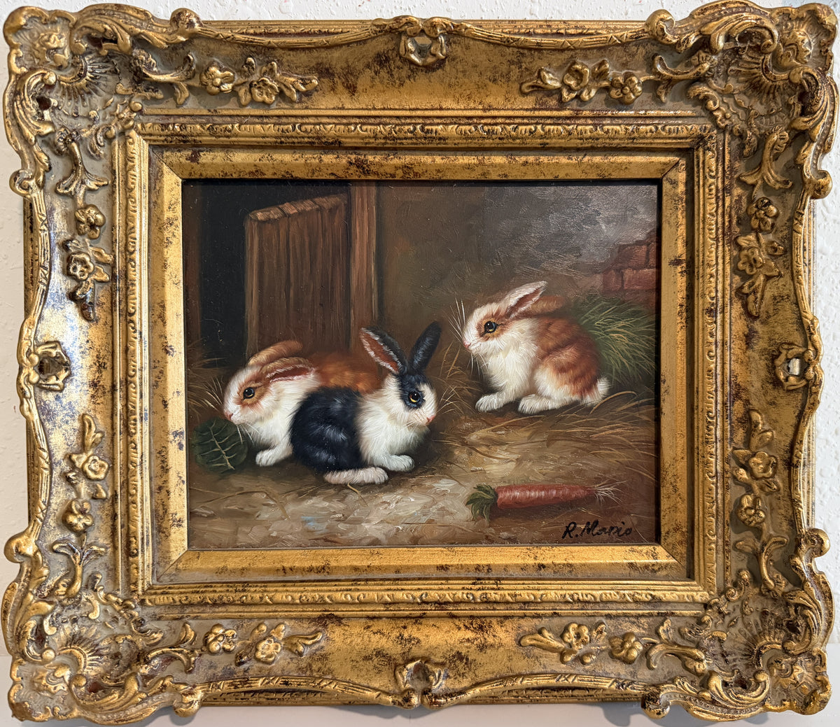 Vintage R Mario Oil Painting Three Rabbits Bunnies Farmhouse Art Gold Frame