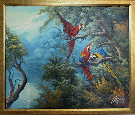 Vintage Tropical Parrot Oil Painting Signed 1996, Colorful Macaws Jungle Scene