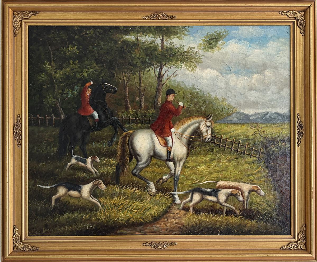 Large Vintage Oil Painting English Fox Hunt Horses Hounds Hunting Scene Art