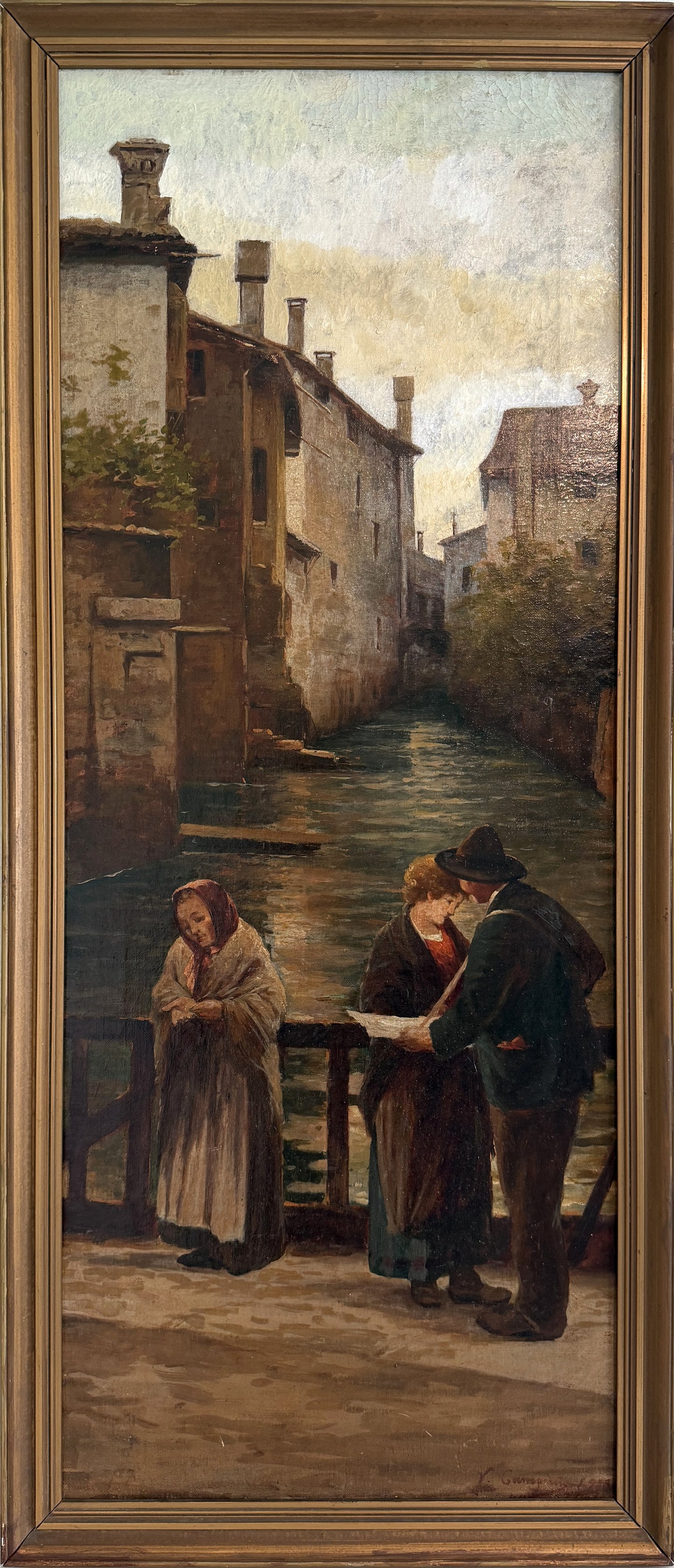 Antique 1913 Venetian/Italian School Canal Scene V. Campiniz Figures Landscape