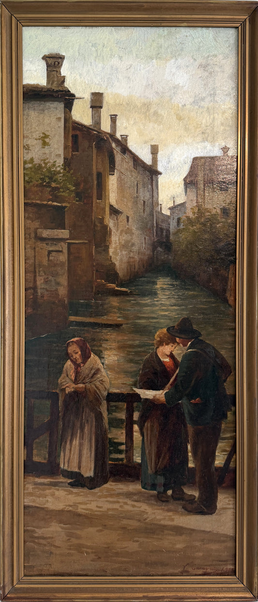Antique 1913 Venetian/Italian School Canal Scene V. Campiniz Figures Landscape