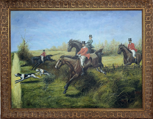 Huge Equestrian Fox Hunt Oil Painting, English Hunting Scene Art, Framed, Signed