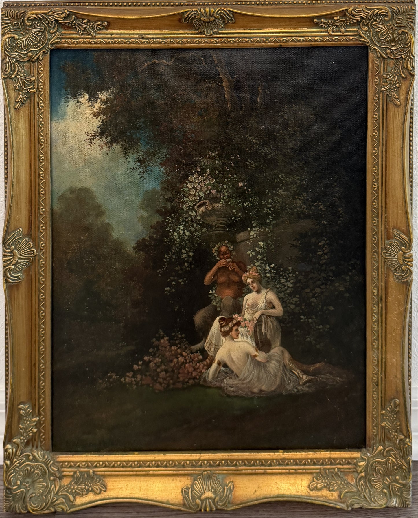 Miklós Santhó (Hungarian, 1869–1932) Antique Oil on board Painting Faun Maidens