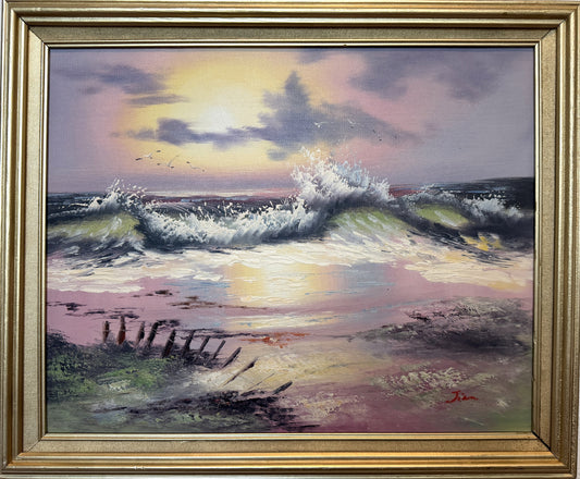 Seascape Oil Painting Signed Jian Ocean Waves Sunset, Impressionist Coastal Art