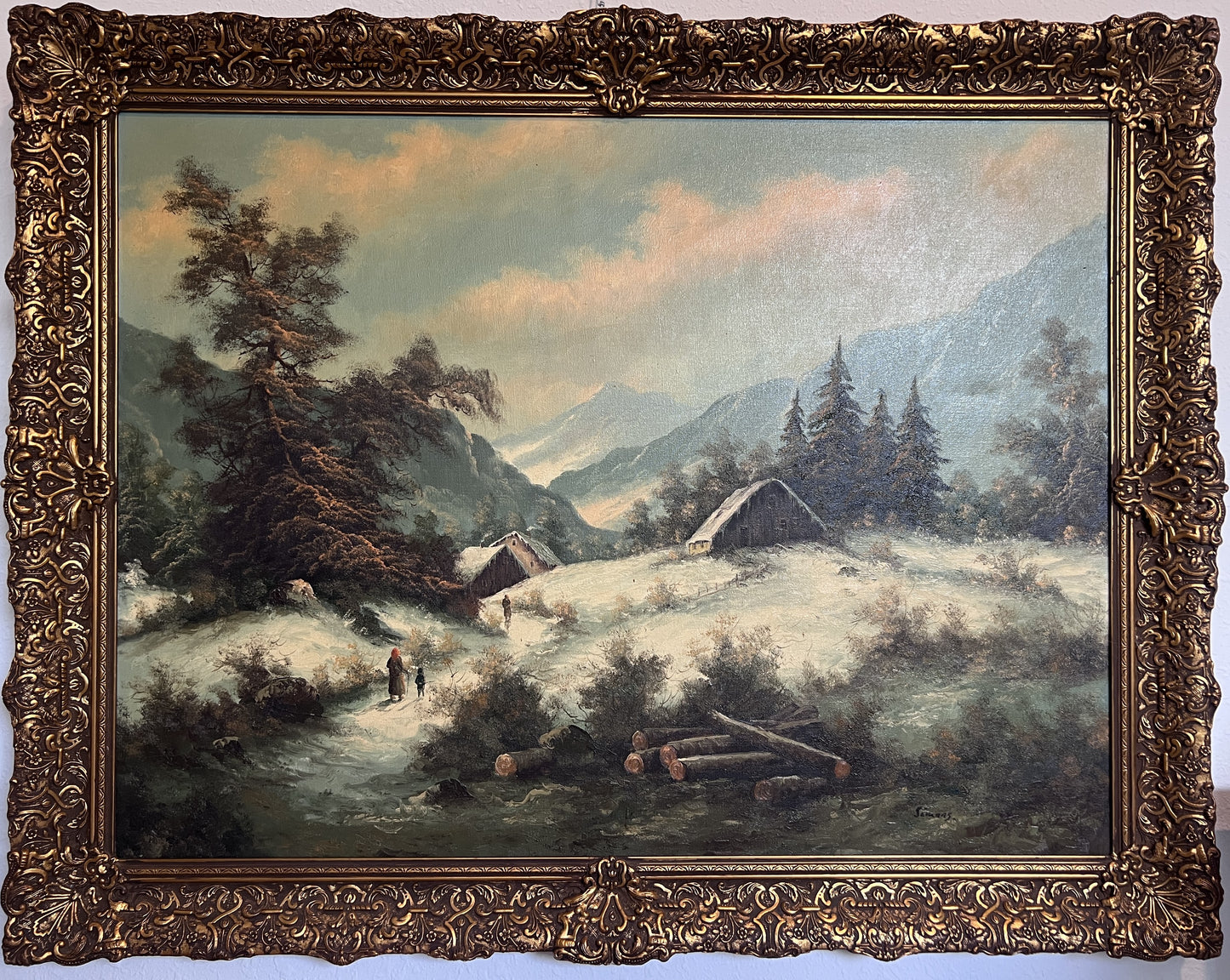 Simans Large Vintage Dutch Oil painting on canvas, Landscape, Gold Leaf Frame