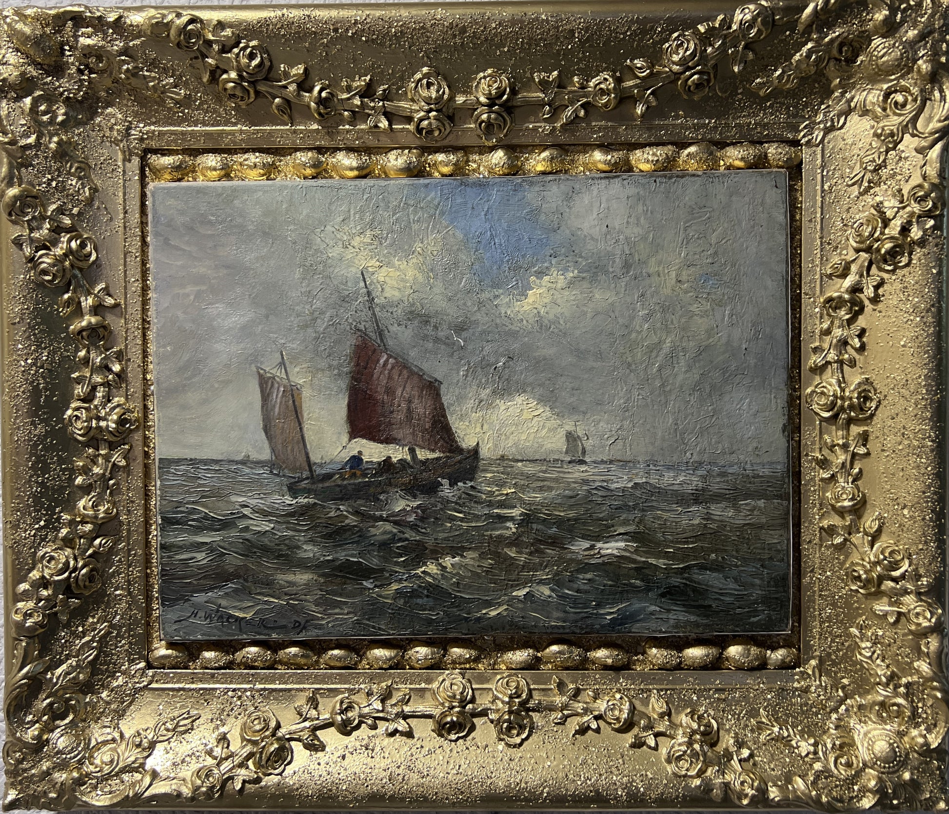 HANS WACKER-ELSEN Germany (1868-1958) Antique oil on canvas Seascape, Gold Frame