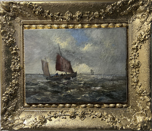 Antique 18th Century Marine Oil Painting Seascape on Canvas in Gesso Frame  by PCD 