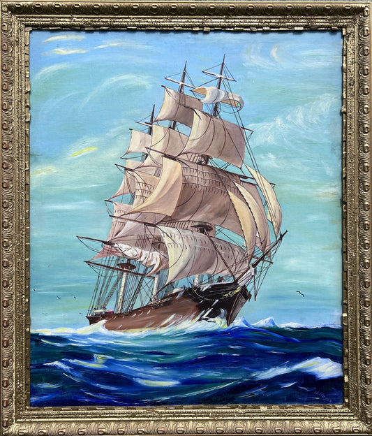 J.Hayes Large Painting on board , Seascape, Sailing Ship in the ocean, Framed