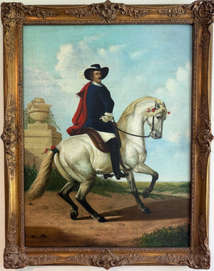 Large Antique Signed European Equestrian Portrait Oil Painting Late 19th Century