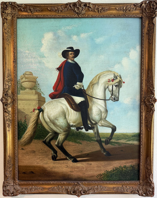 Large Antique Signed European Equestrian Portrait Oil Painting Late 19th Century