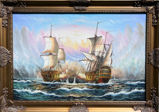 Original Maritime Oil Painting – Naval Battle Scene – Signed J. Harvey , Framed (Copy)