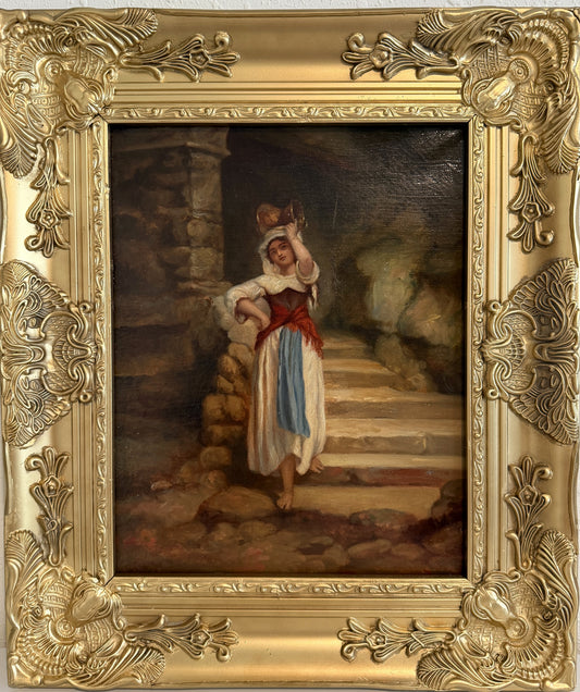 Antique Italian Oil Painting Peasant Woman Portrait 19th C. Signed Genre Art