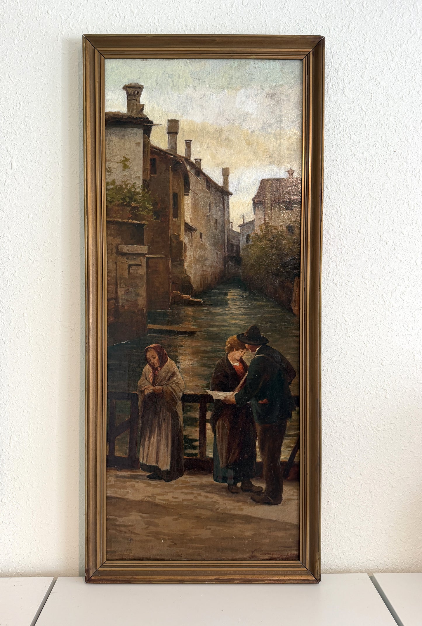 Antique 1913 Venetian/Italian School Canal Scene V. Campiniz Figures Landscape