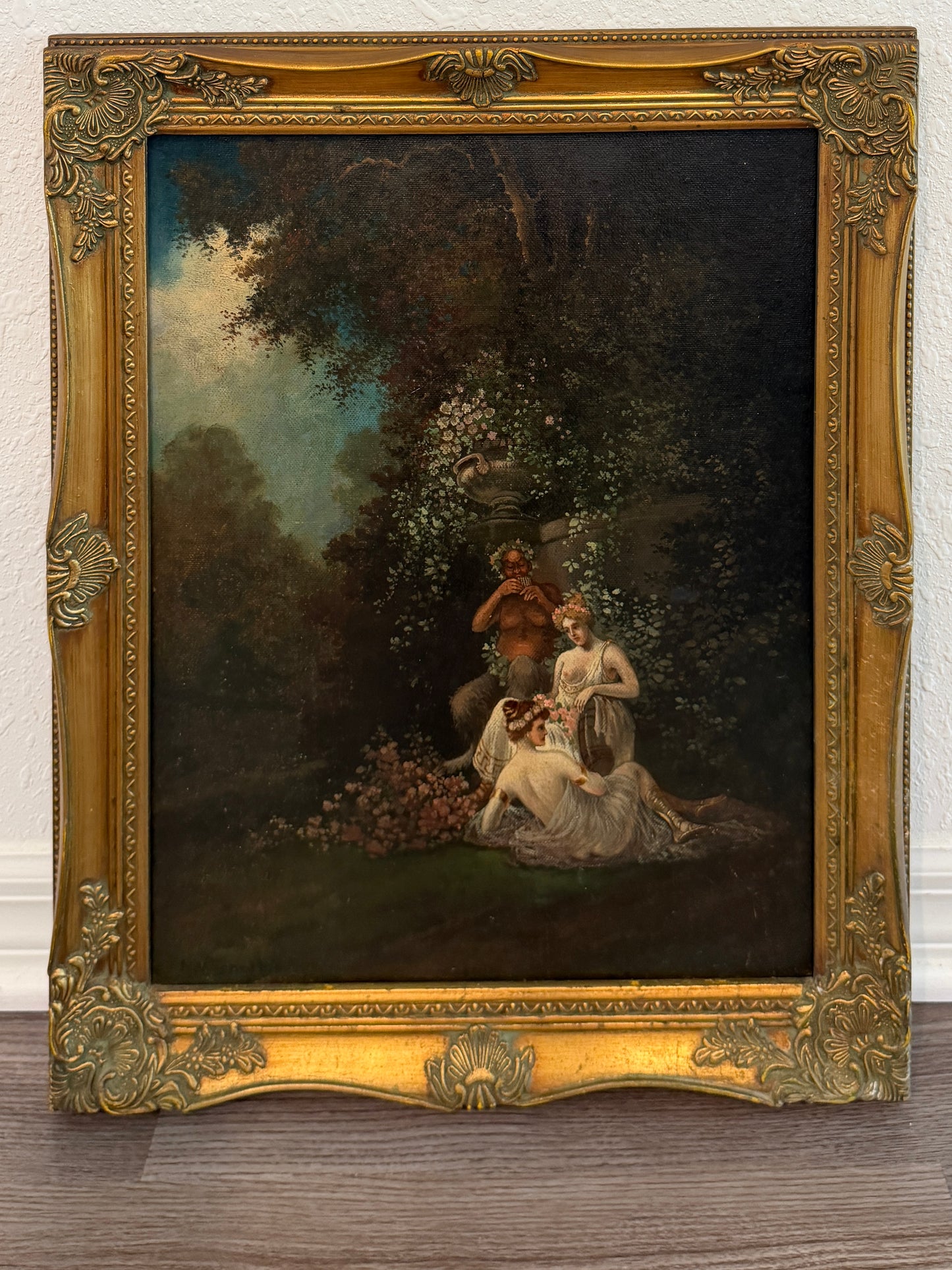 Miklós Santhó (Hungarian, 1869–1932) Antique Oil on board Painting Faun Maidens