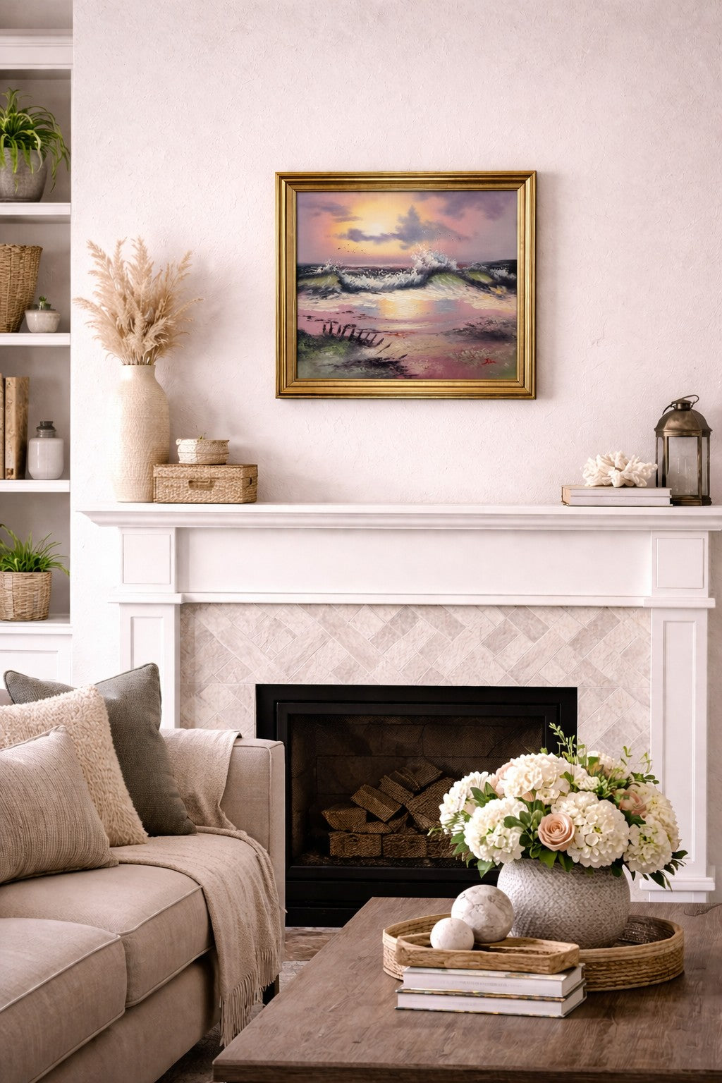 Seascape Oil Painting Signed Jian Ocean Waves Sunset, Impressionist Coastal Art