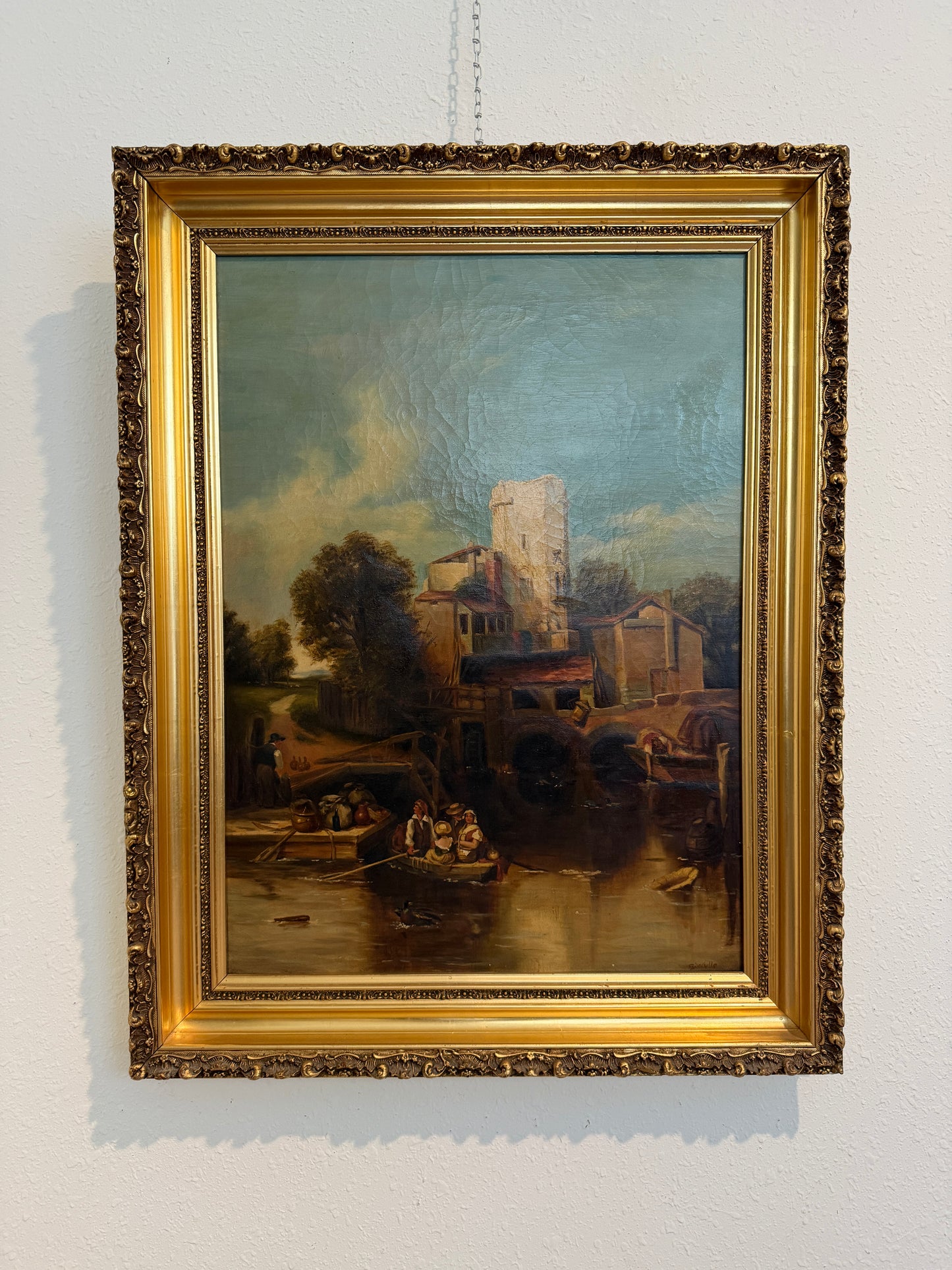 Antique 19th Century British Oil Painting by G. Wylle Rural Landscape Gilt Frame