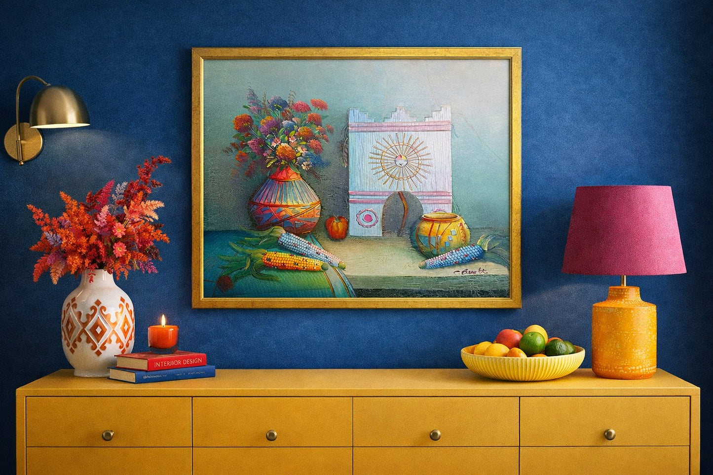 Textured Signed Oil Painting Still Life, Folk Art Pottery Corn Adobe Scene Art