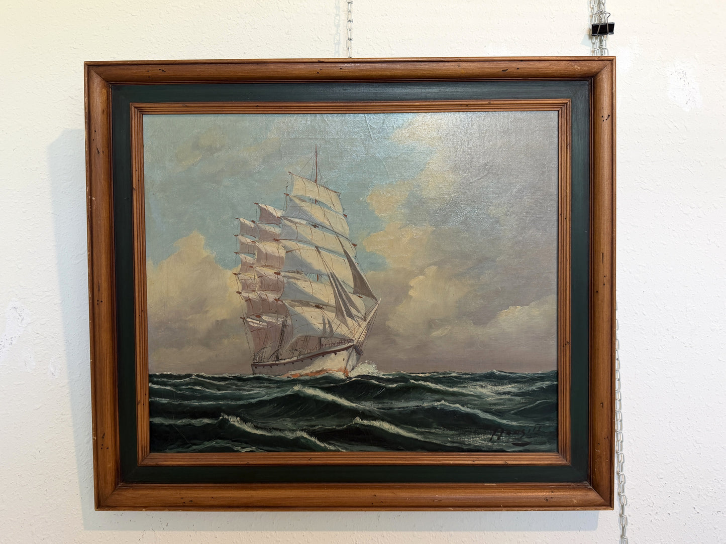 Vintage Tall Ship Oil Painting on Canvas Signed Framed Clipper Marine Seascape