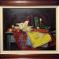 Antique Oil Painting on canvas Still Life, books, candle, Signed Azuquita Framed