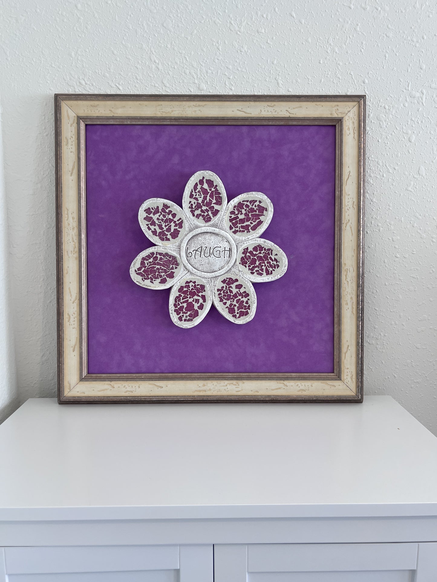 Whimsical Mosaic Flower Wall Art – “LAUGH” 3D Mixed Media on Board, Framed 19x19