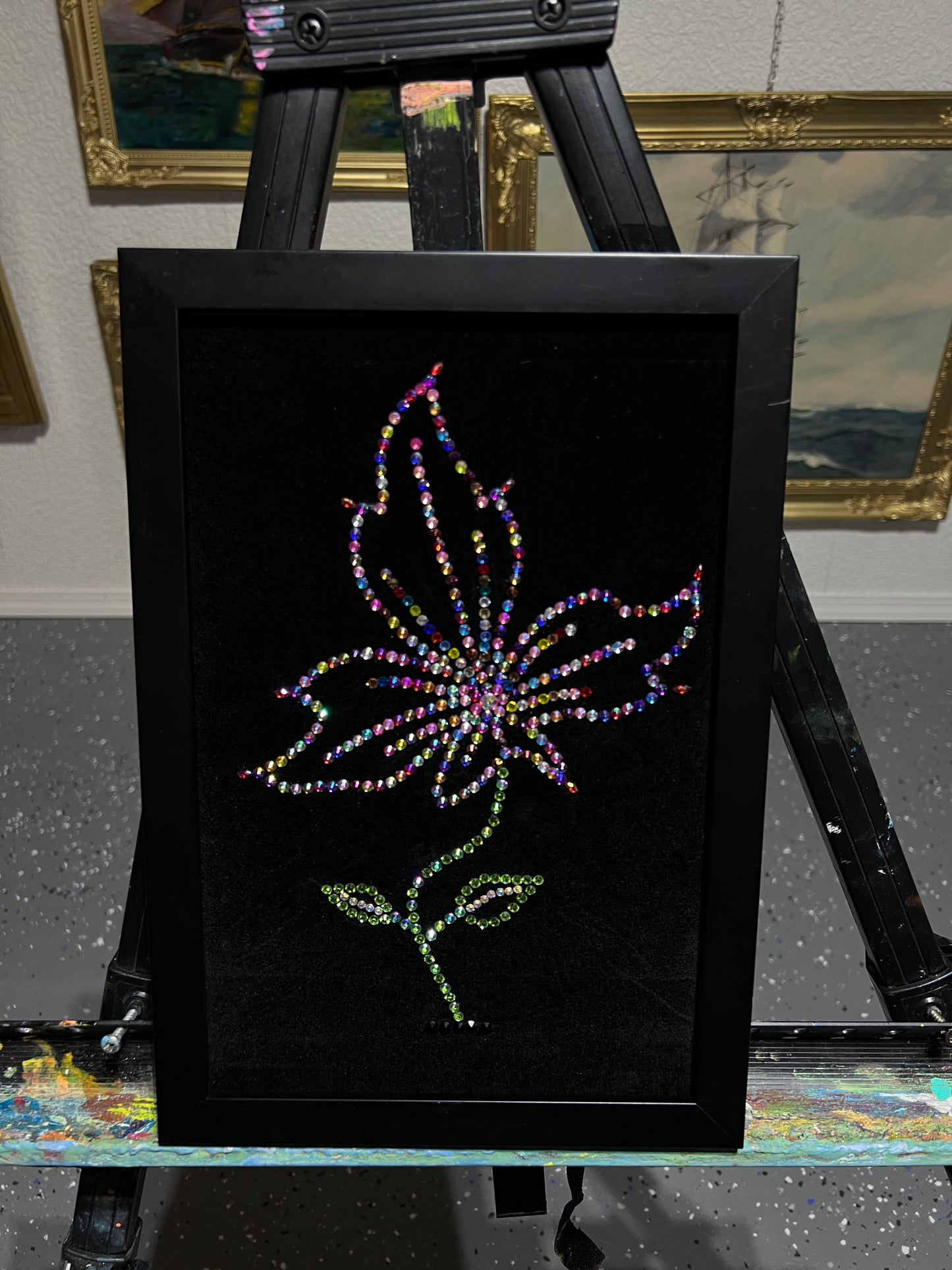 Handmade Sparkling Picture Crafted Entirely from Crystals, Flower, Framed