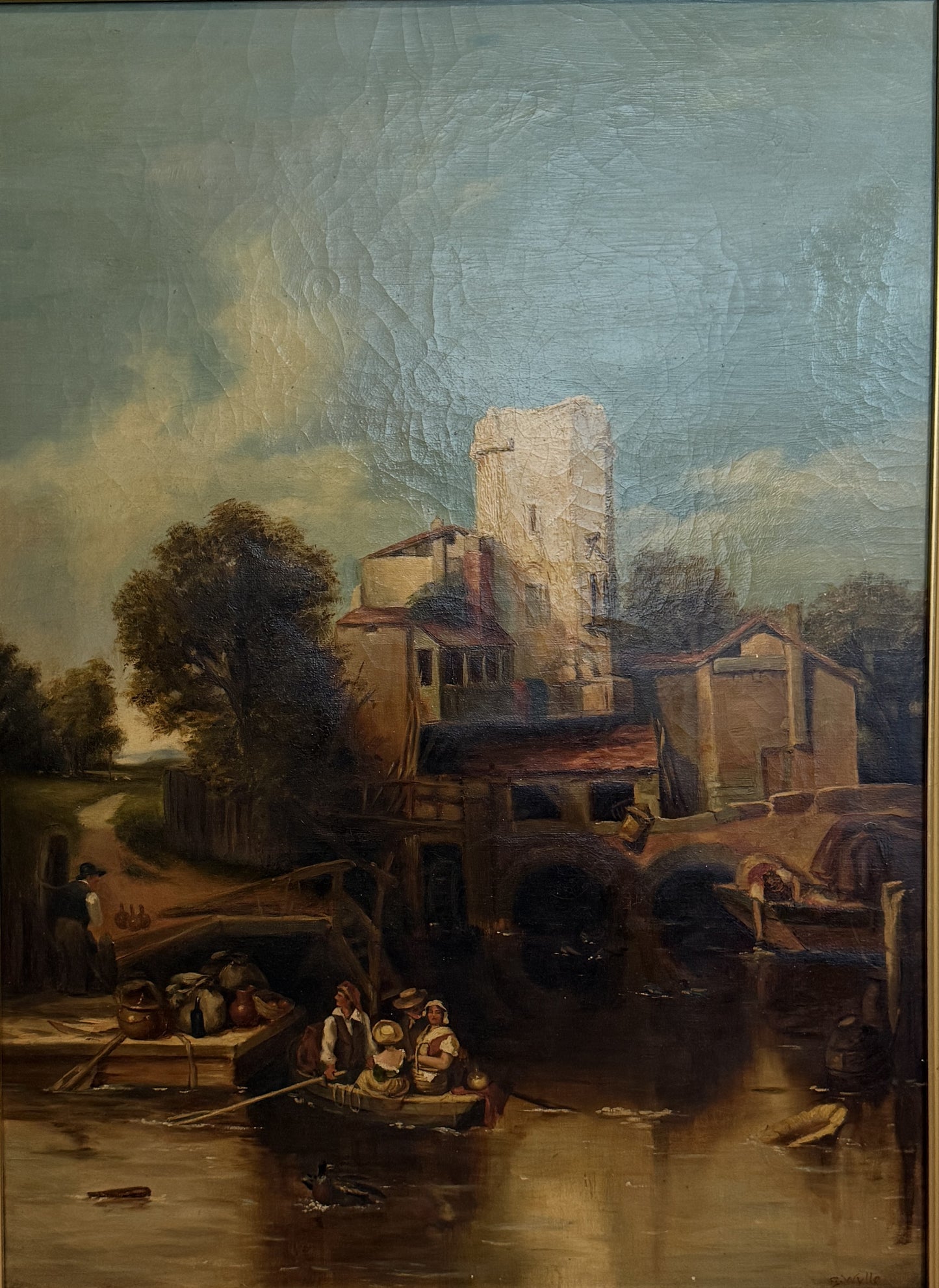 Antique 19th Century British Oil Painting by G. Wylle Rural Landscape Gilt Frame