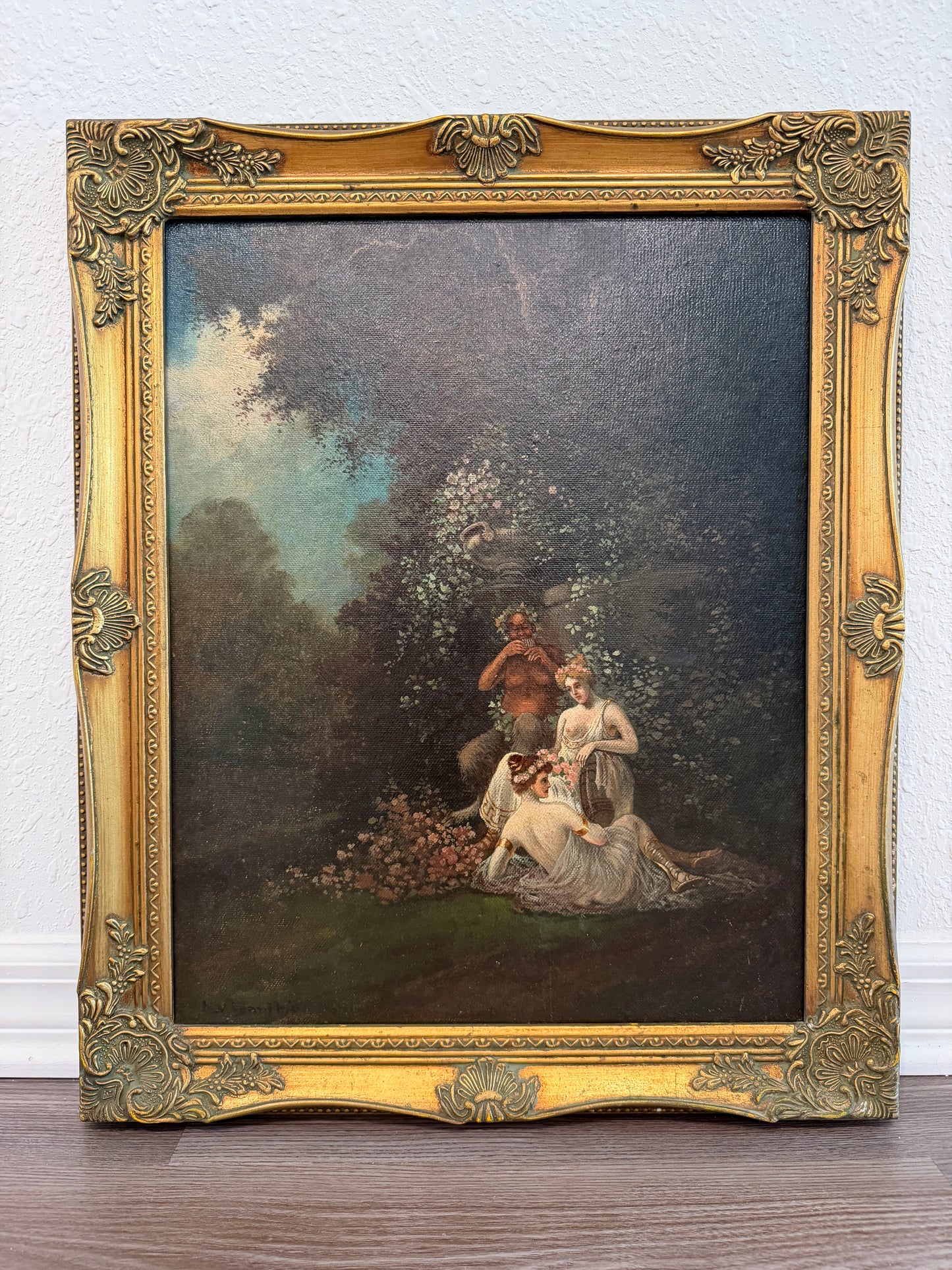 Miklós Santhó (Hungarian, 1869–1932) Antique Oil on board Painting Faun Maidens